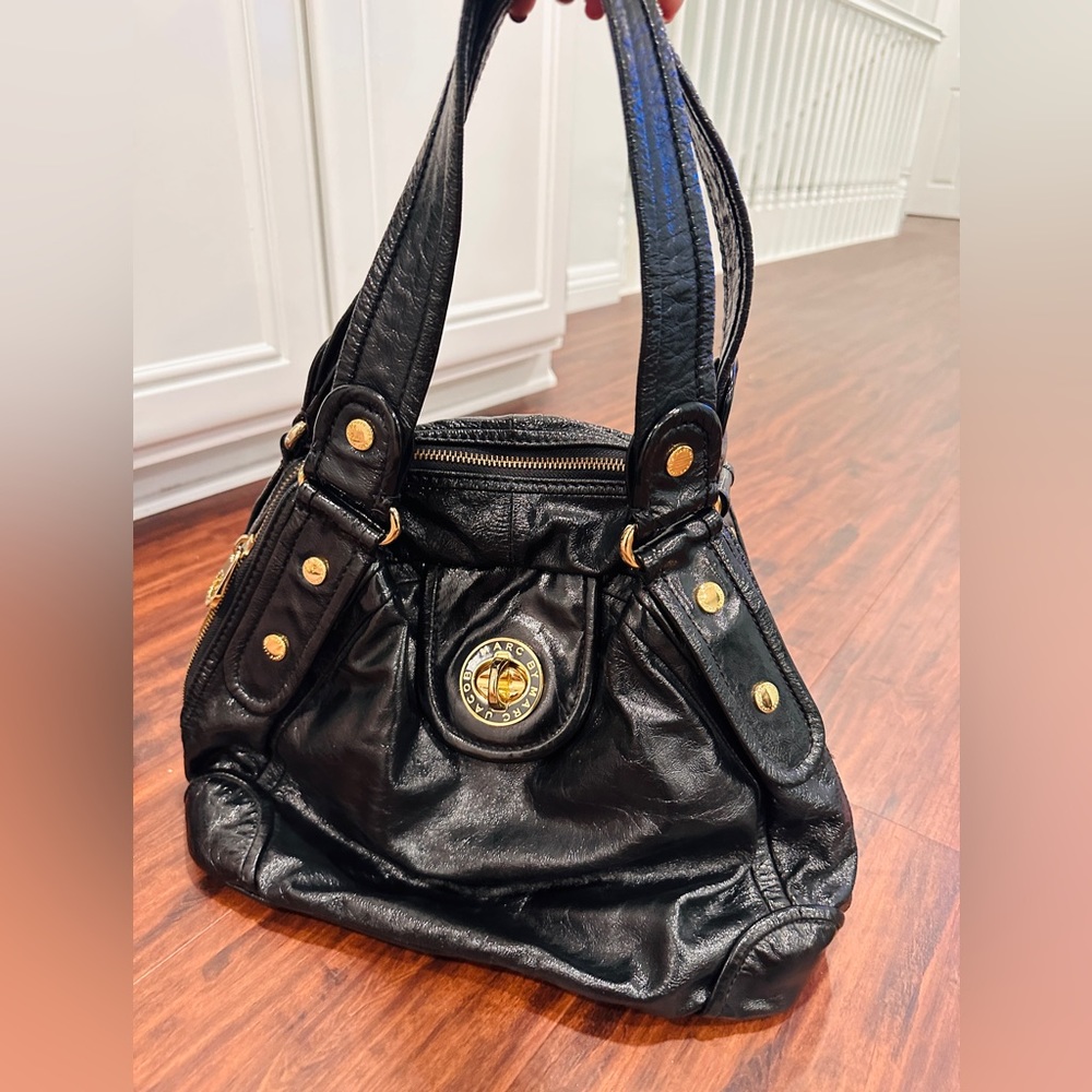 Marc Jacobs Womens Zip Top Gold Tone Logo Tote Handbag Black Leather